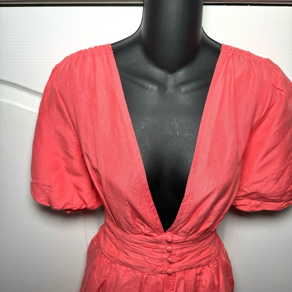 Anthropologie Katerina Button Front Puff Sleeve Mini Dress Coral Size M NWT - Picture 8 of 12